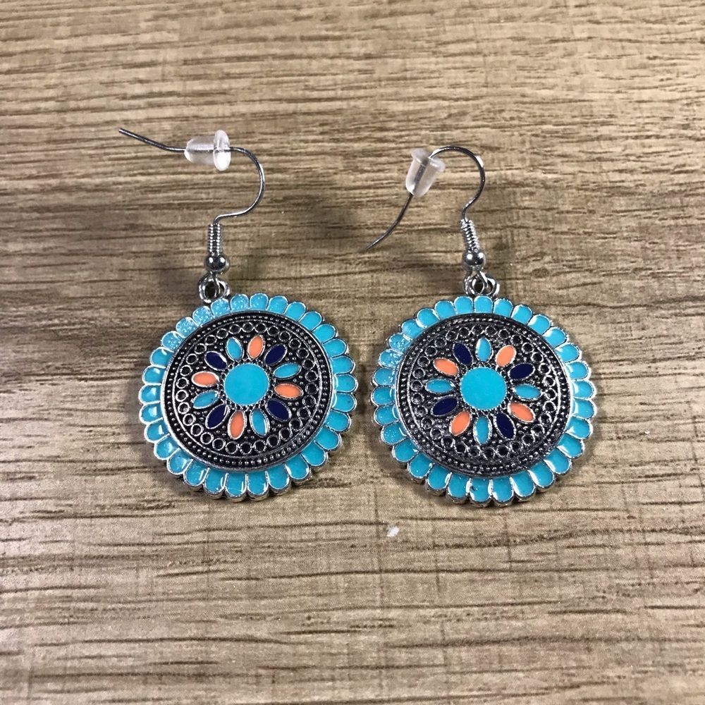 Bohemian Round Turquoise and Coral Floral Earrings